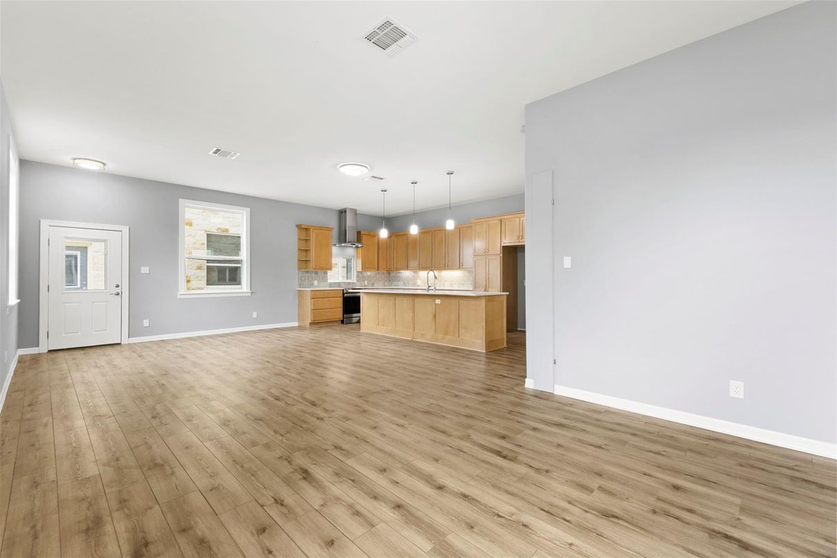 Empty room, Interior, Kitchen, Pendant Lights, Recessed Lighting, Wood Texture Flooring