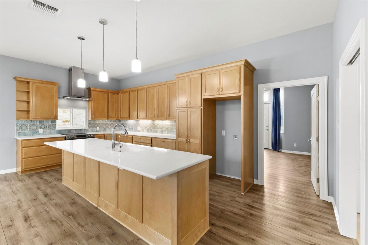 Interior, Kitchen, Pendant Lights, Wood Texture Flooring