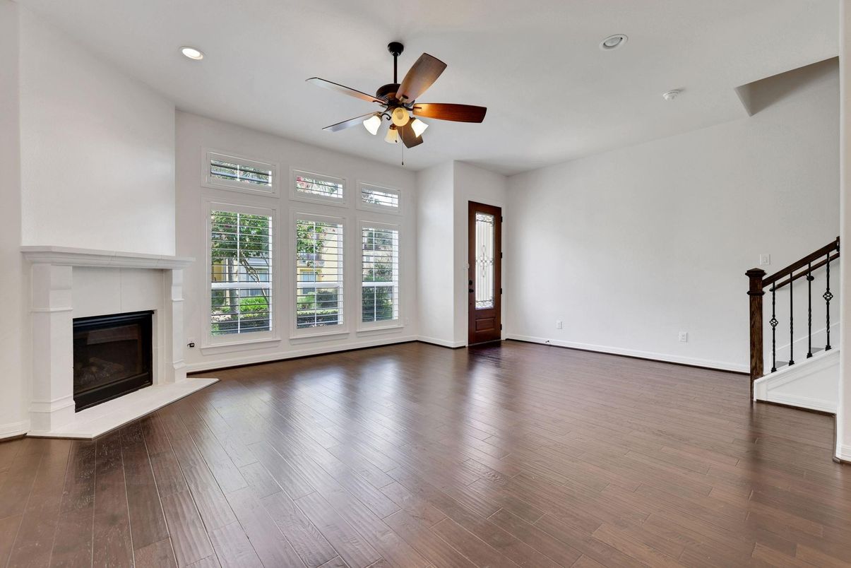 Empty room, Fireplace, Interior, Recessed Lighting, Wood Texture Flooring