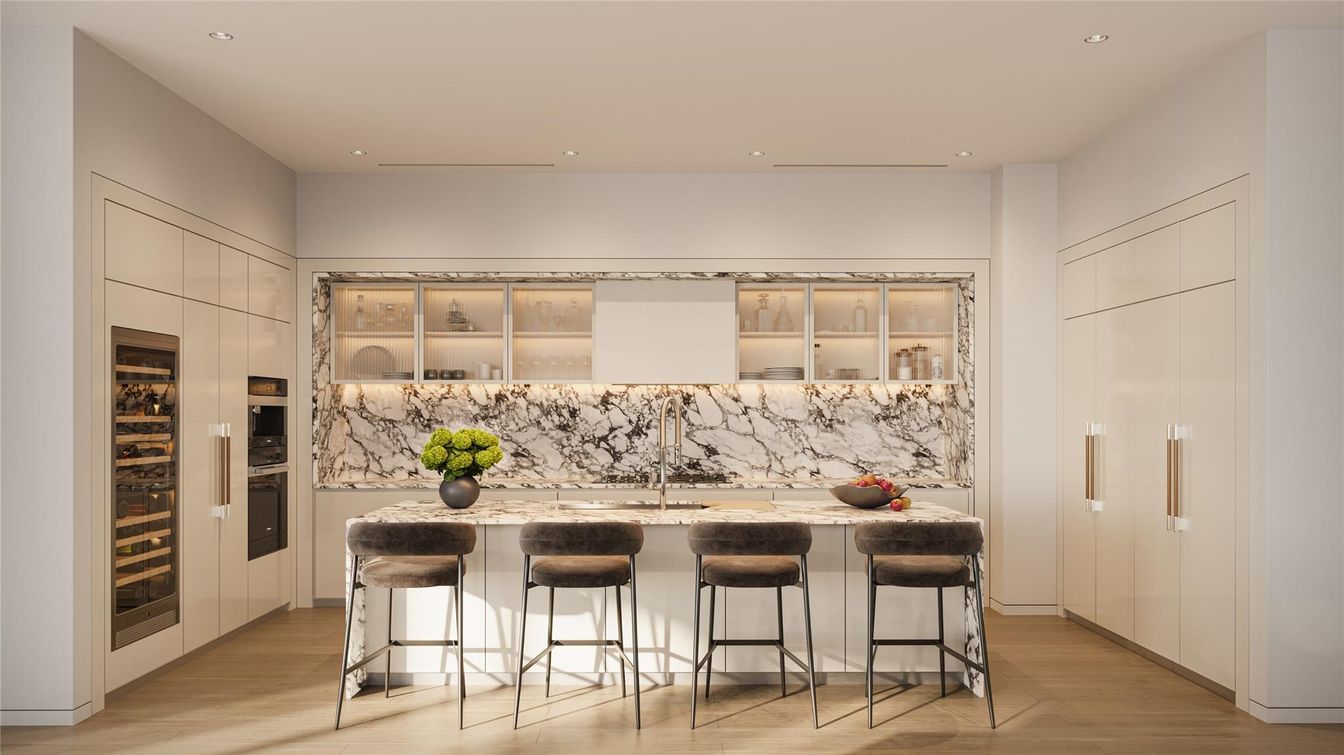 Interior, Kitchen, Marble Walls, Recessed Lighting, Wood Texture Flooring