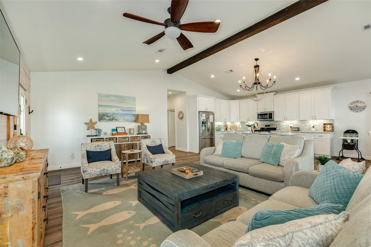 Chandelier, Interior, Kitchen, Living room, Recessed Lighting, Stainless Steel Appliances, Wooden Beams, Wood Texture Flooring