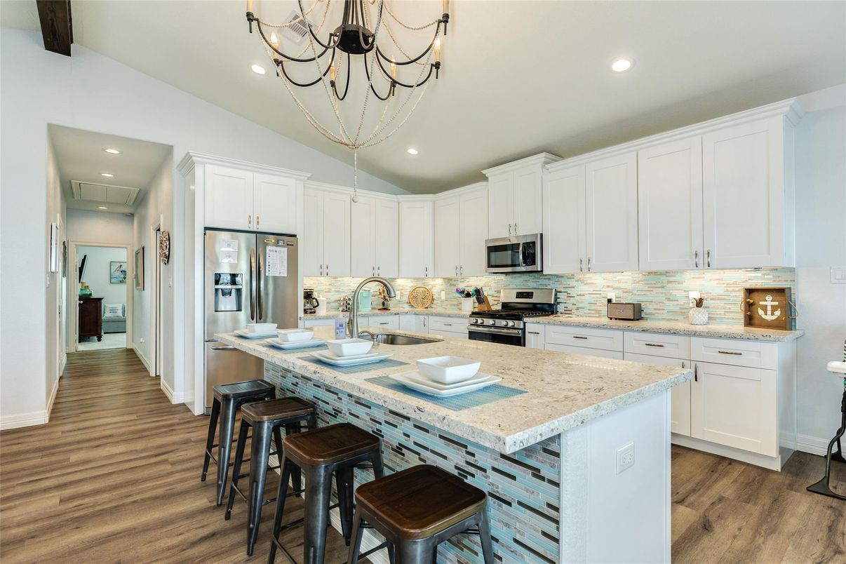 Interior, Kitchen, Pendant Lights, Recessed Lighting, Stainless Steel Appliances, Wood Texture Flooring