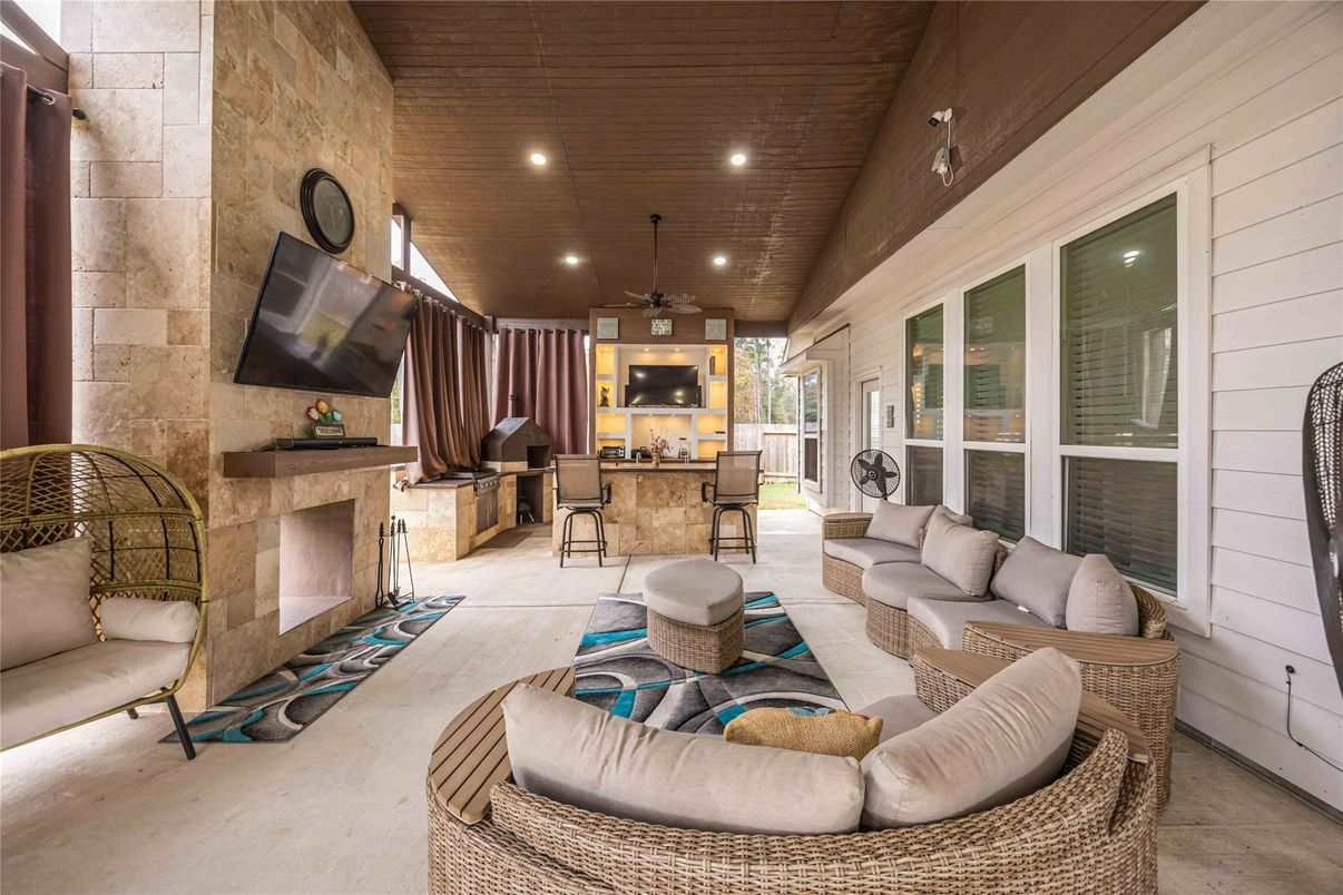 Fireplace, Interior, Living room, Recessed Lighting, Stone Walls