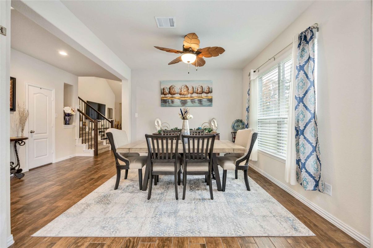 Dining room, Interior, Recessed Lighting, Wood Texture Flooring