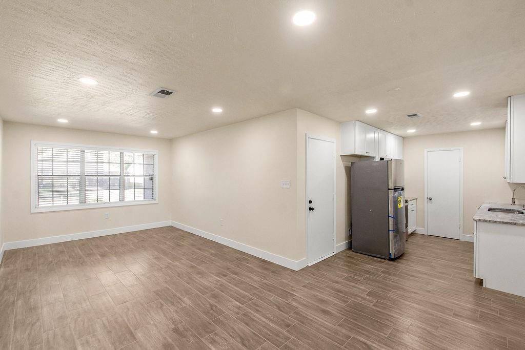 Empty room, Interior, Kitchen, Recessed Lighting, Wood Texture Flooring