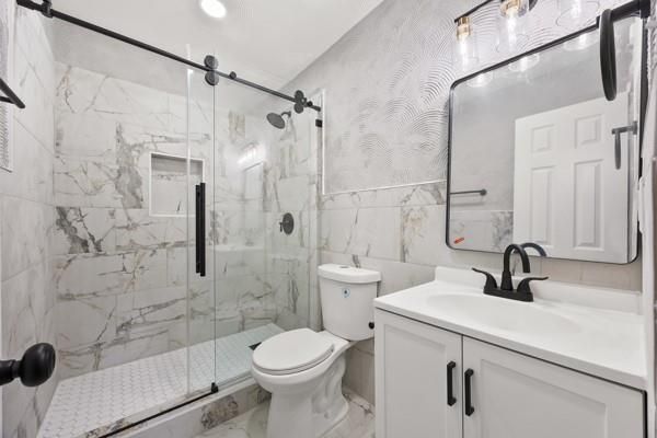 Bathroom, Glass Shower, Interior, Marble, Marble Walls, Recessed Lighting