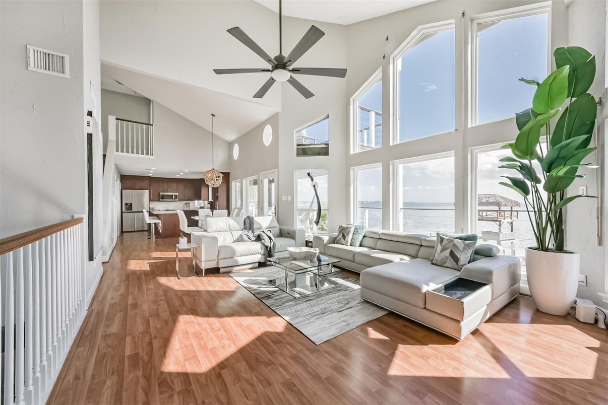 Interior, Kitchen, Living room, Pendant Lights, Stainless Steel Appliances, Water, Wood Texture Flooring