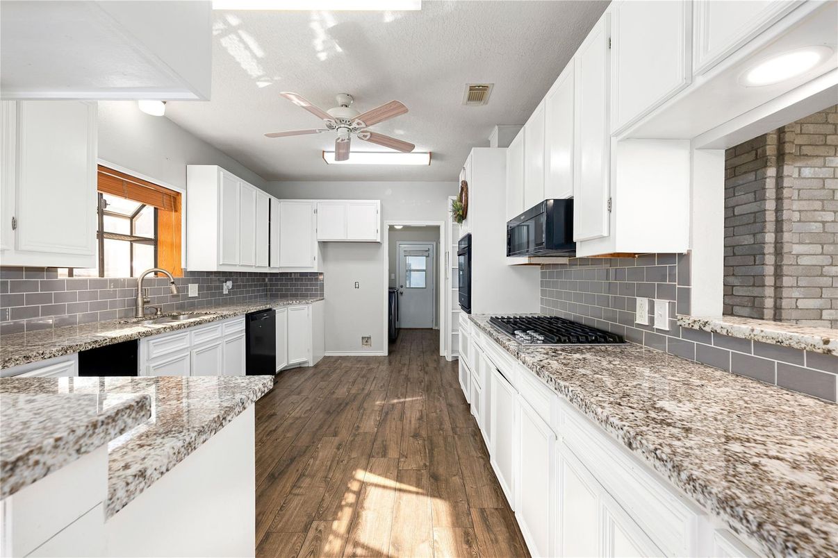 Interior, Kitchen, Recessed Lighting, Stone Walls, Wood Texture Flooring