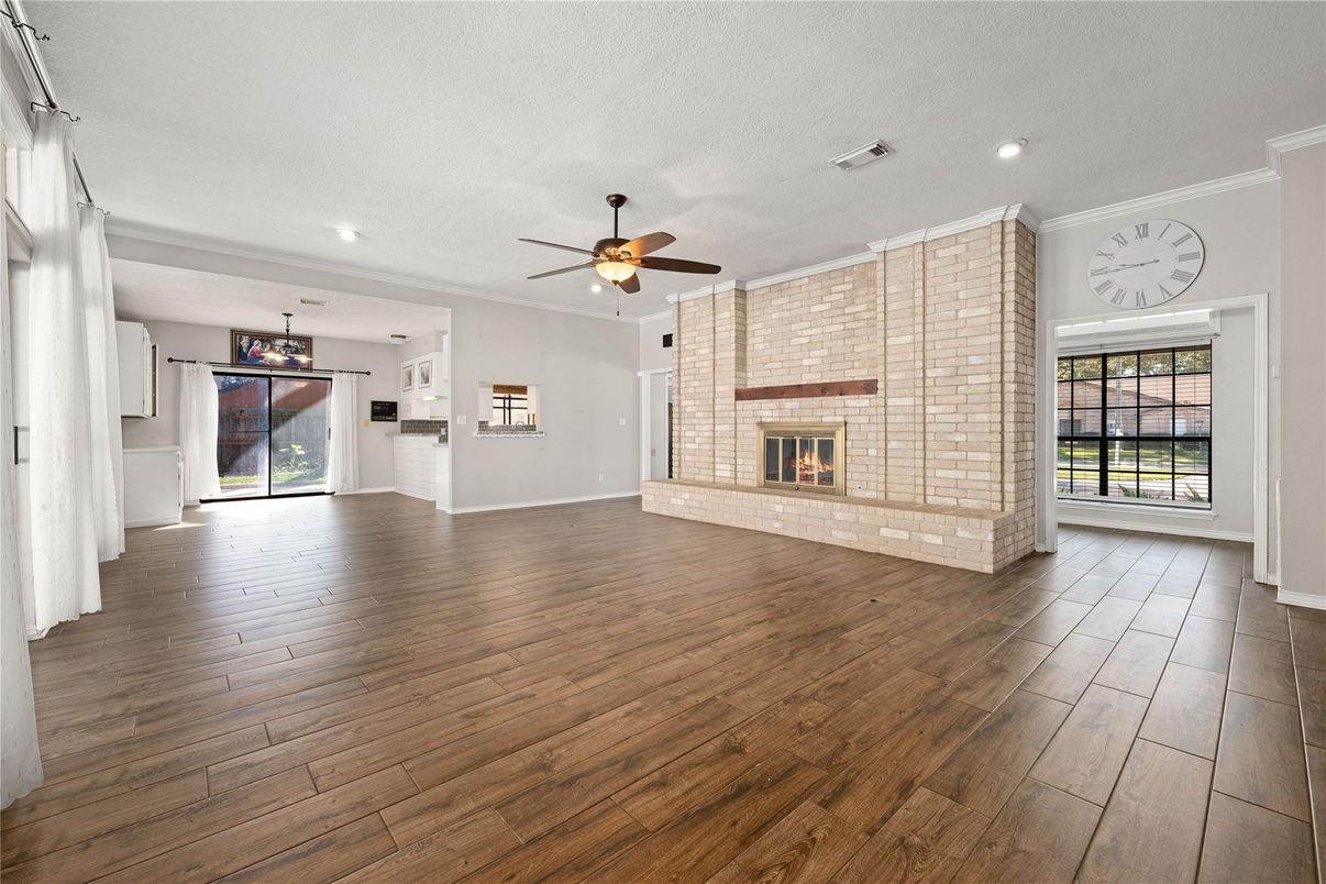 Empty room, Fireplace, Interior, Recessed Lighting, Wood Texture Flooring
