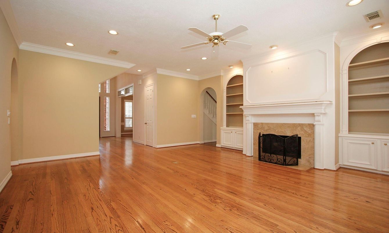 Empty room, Fireplace, Interior, Recessed Lighting, Wood Texture Flooring