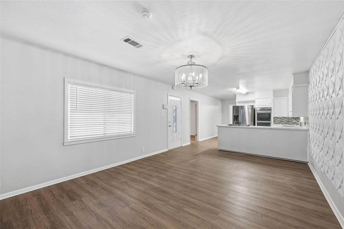 Chandelier, Empty room, Interior, Kitchen, Wood Texture Flooring