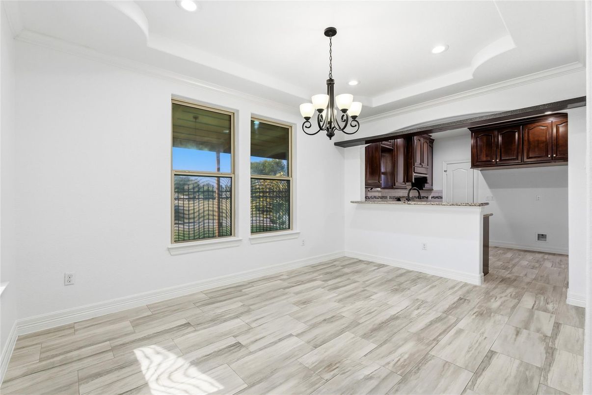Chandelier, Empty room, Interior, Kitchen, Recessed Lighting, Wood Texture Flooring