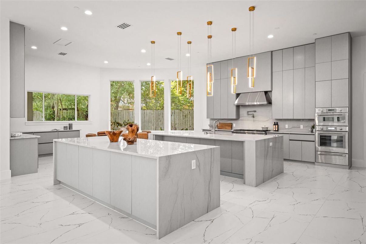 Interior, Kitchen, Marble, Pendant Lights, Recessed Lighting, Stainless Steel Appliances