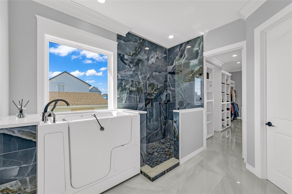 Bathroom, Glass Shower, Interior, Marble, Marble Walls, Recessed Lighting