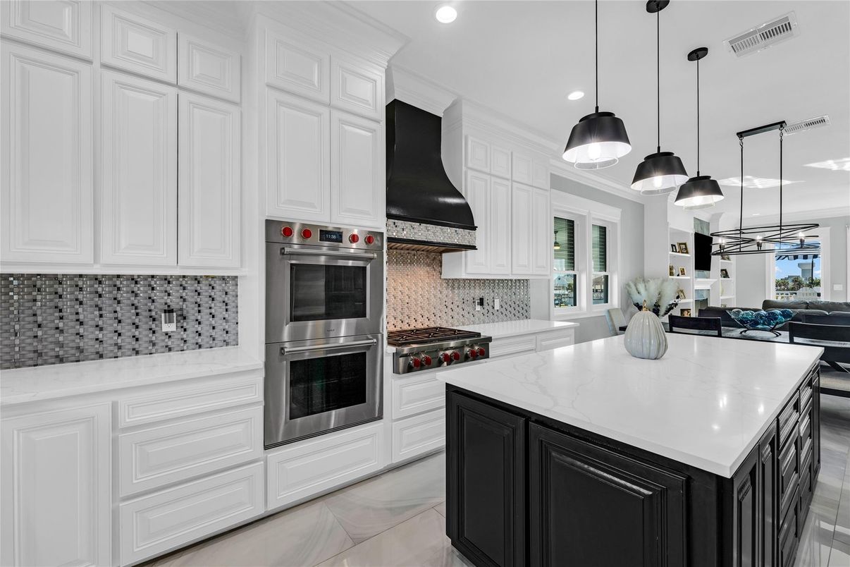 Interior, Kitchen, Marble, Pendant Lights, Recessed Lighting, Stainless Steel Appliances