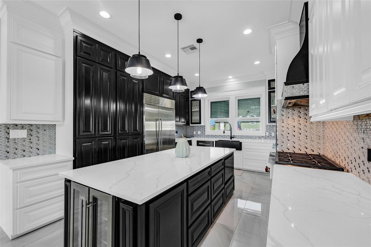 Interior, Kitchen, Marble, Pendant Lights, Recessed Lighting, Stainless Steel Appliances