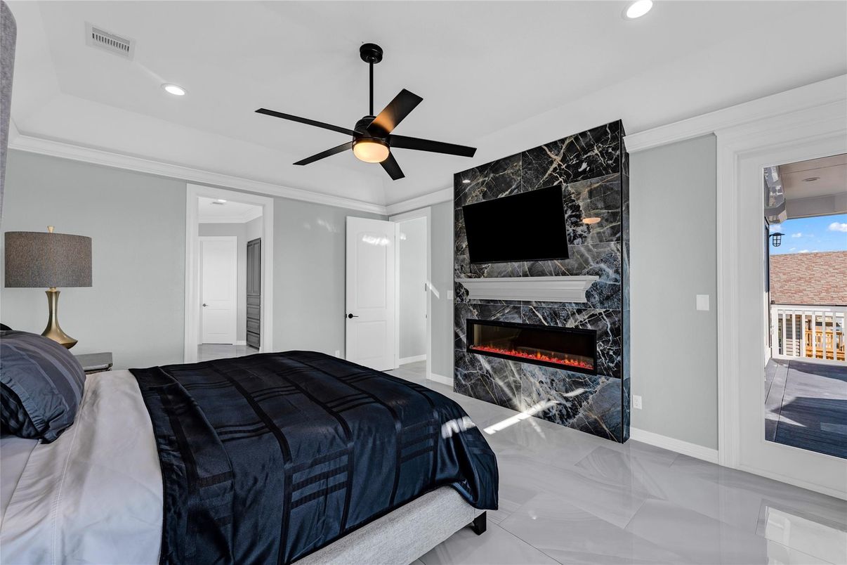 Bedroom, Fireplace, Interior, Marble Walls, Recessed Lighting