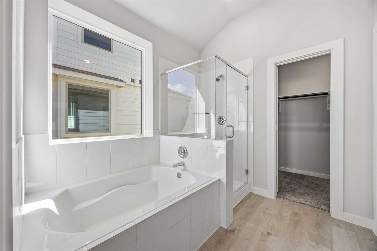 Bathroom, Glass Shower, Interior, Recessed Lighting, Wood Texture Flooring