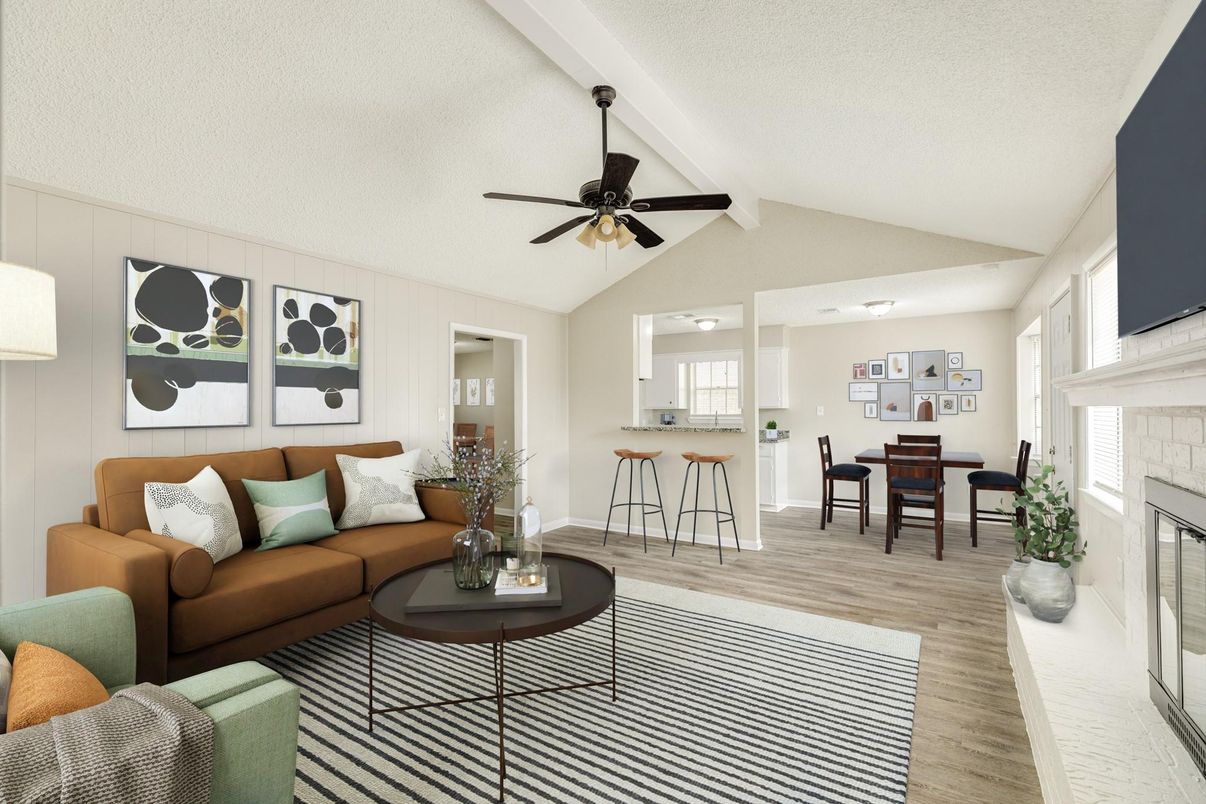 Dining room, Fireplace, Interior, Living room, Wood Texture Flooring