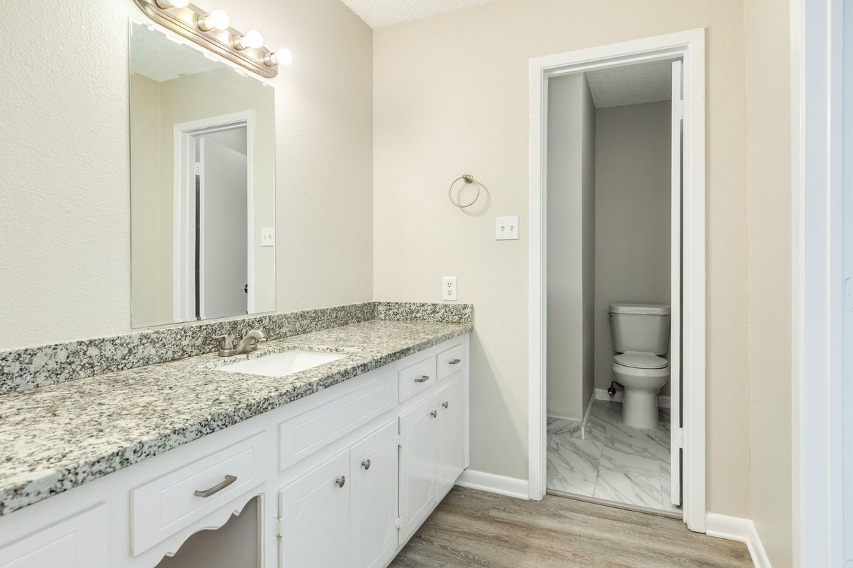 Bathroom, Dual Sink Vanities, Interior, Marble, Wood Texture Flooring