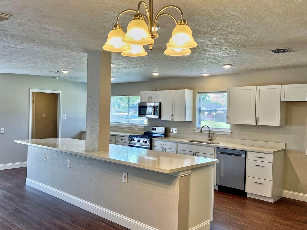 Interior, Kitchen, Recessed Lighting, Stainless Steel Appliances, Wood Texture Flooring