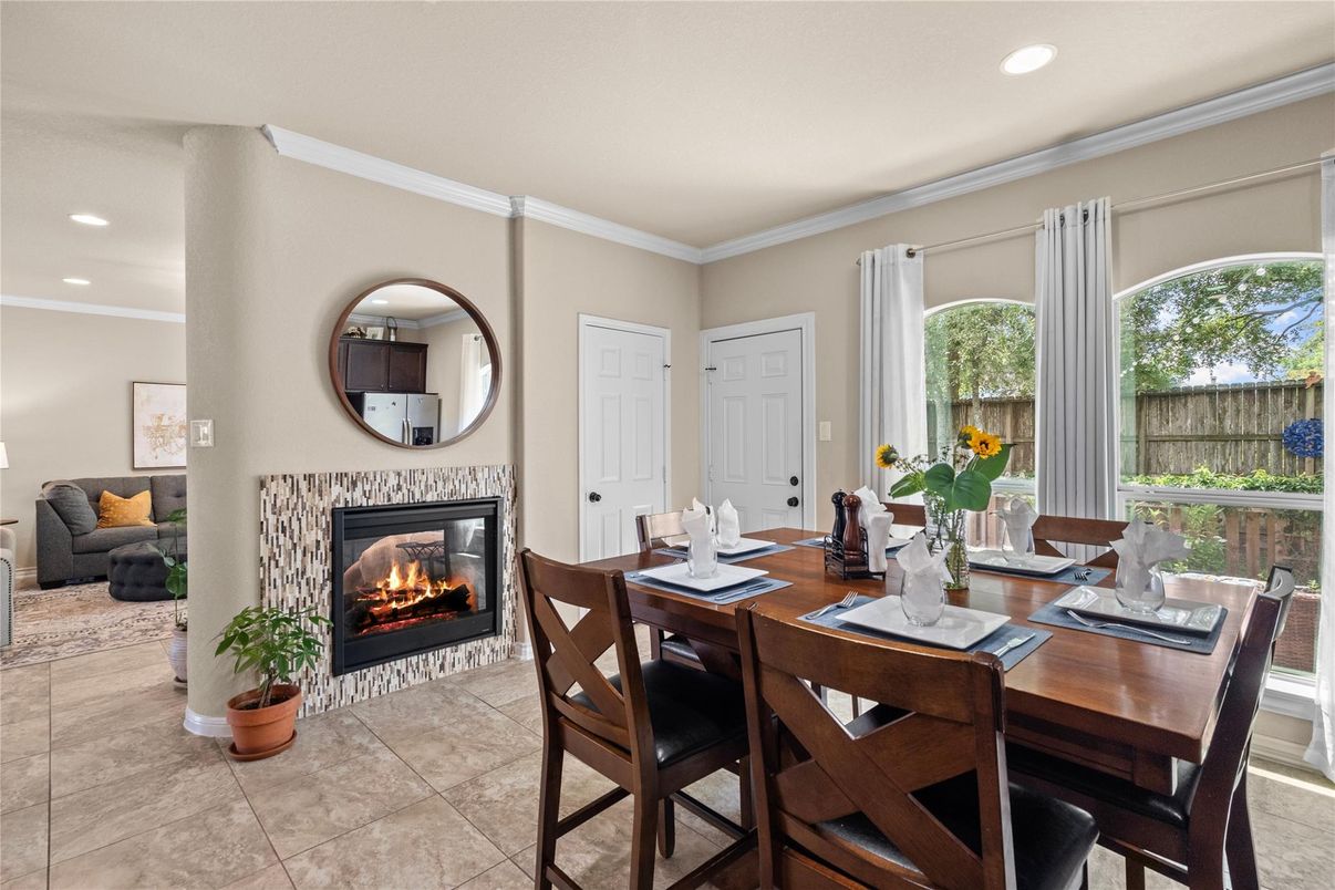 Dining room, Fireplace, Interior, Recessed Lighting