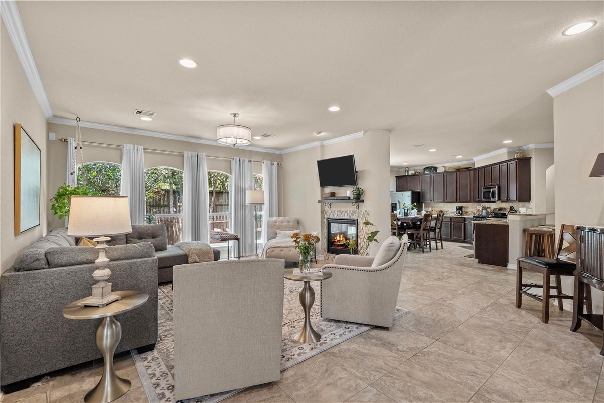 Dining room, Fireplace, Interior, Kitchen, Living room, Pendant Lights, Recessed Lighting