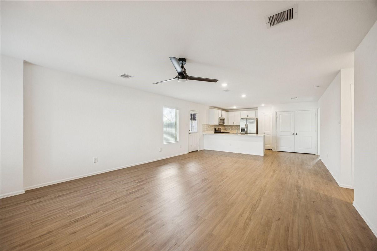 Empty room, Interior, Kitchen, Recessed Lighting, Wood Texture Flooring