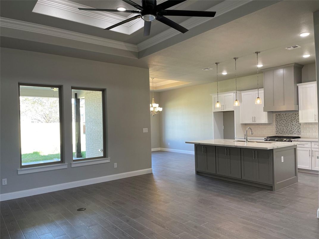 Chandelier, Interior, Kitchen, Pendant Lights, Recessed Lighting, Wood Texture Flooring