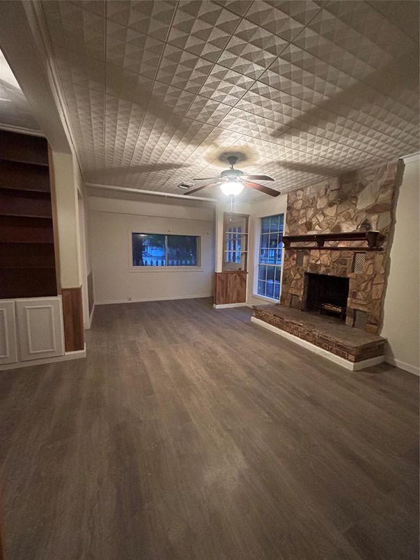 Empty room, Fireplace, Interior, Stone Walls, Wood Texture Flooring