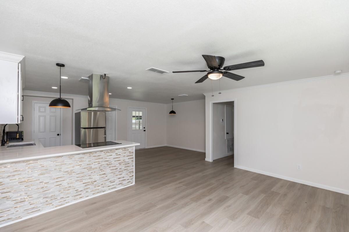 Empty room, Interior, Kitchen, Pendant Lights, Recessed Lighting, Wood Texture Flooring