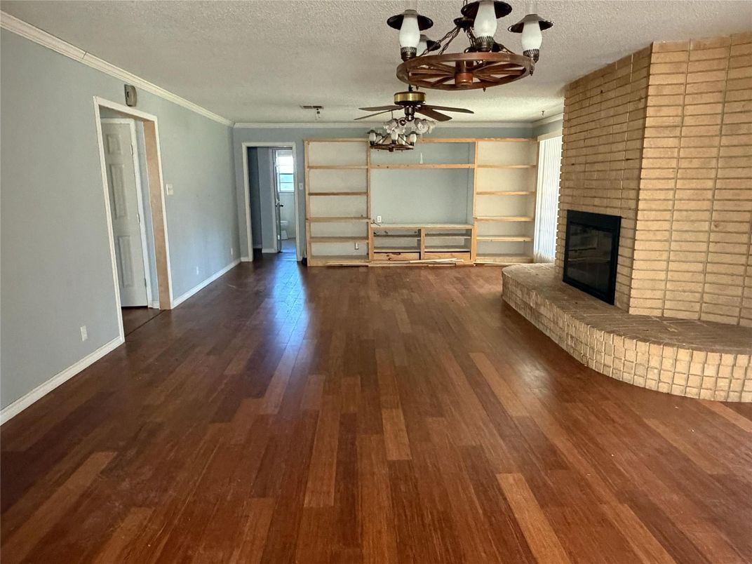 Chandelier, Empty room, Fireplace, Interior, Wood Texture Flooring