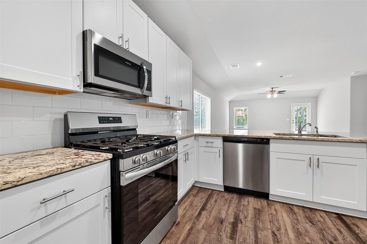 Interior, Kitchen, Recessed Lighting, Stainless Steel Appliances, Wood Texture Flooring