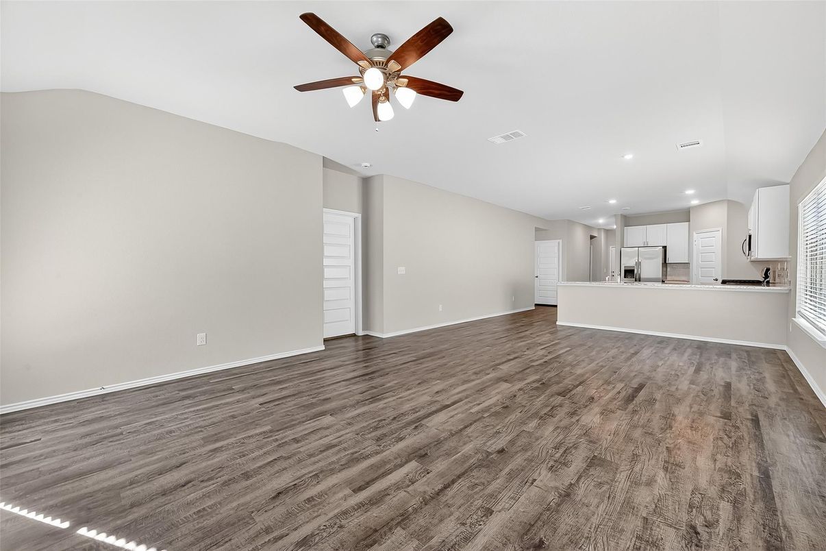 Empty room, Interior, Kitchen, Recessed Lighting, Wood Texture Flooring