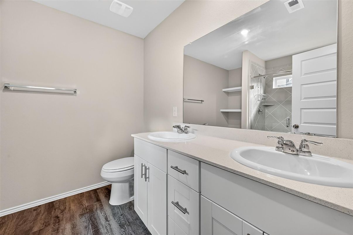 Bathroom, Dual Sink Vanities, Interior, Wood Texture Flooring