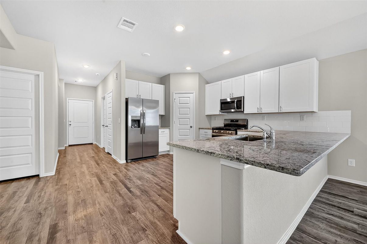 Interior, Kitchen, Recessed Lighting, Stainless Steel Appliances, Wood Texture Flooring