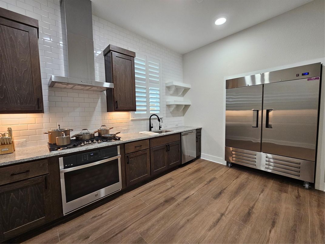 Interior, Kitchen, Recessed Lighting, Stainless Steel Appliances, Wood Texture Flooring