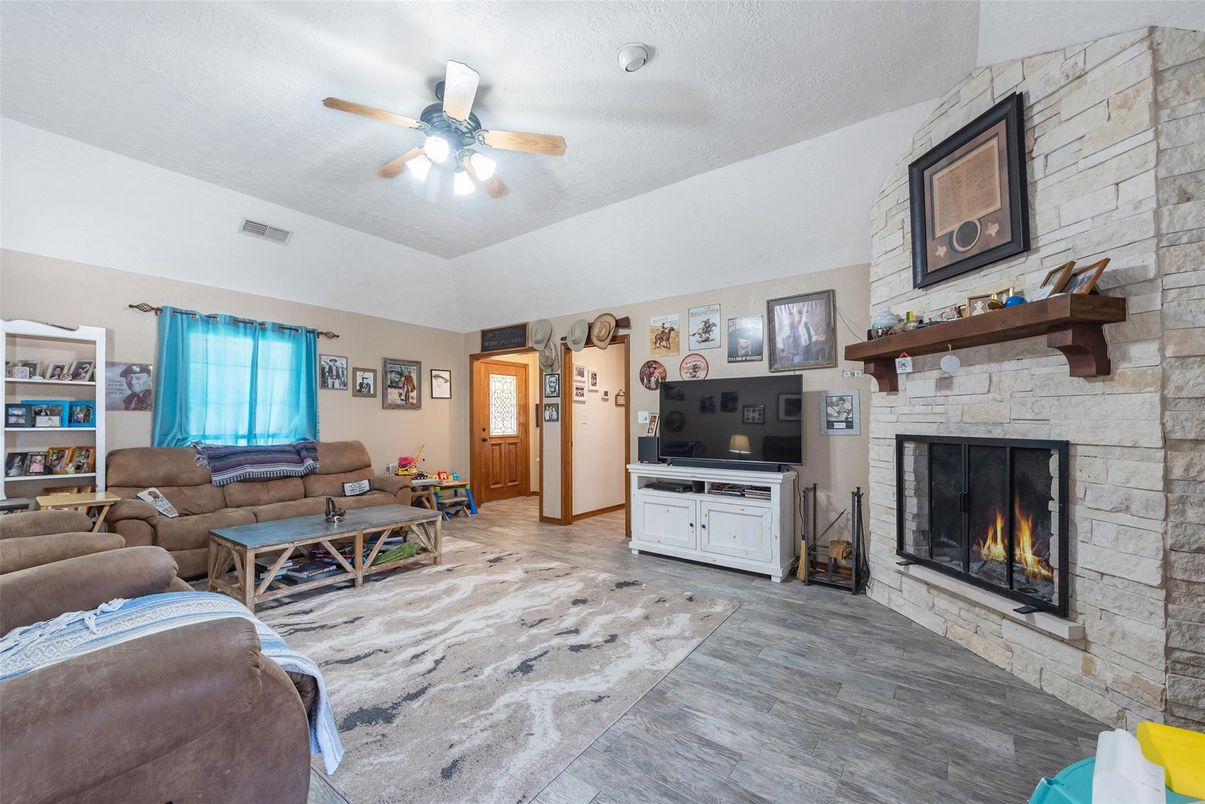 Fireplace, Interior, Living room, Stone Walls, Wood Texture Flooring