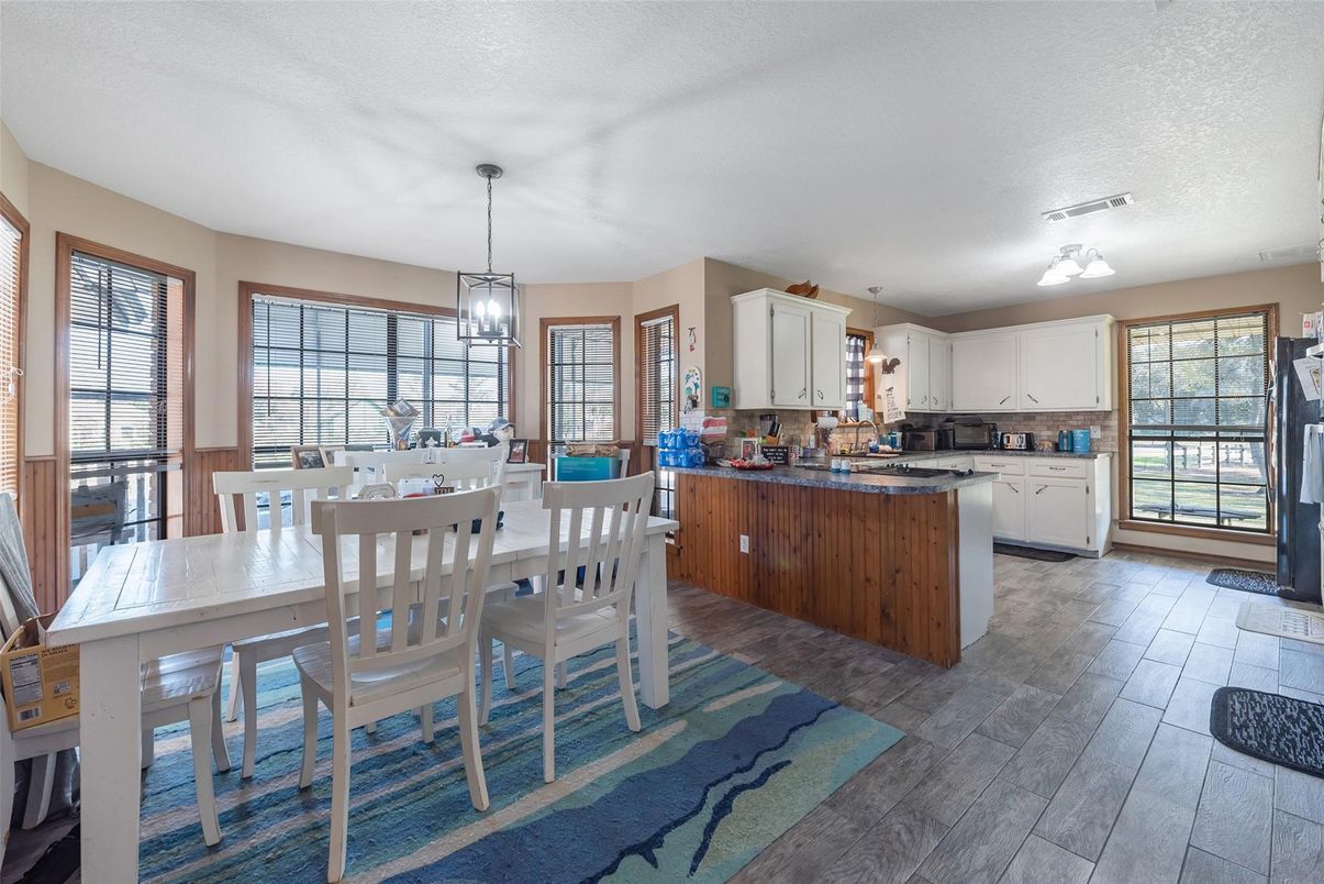 Dining room, Interior, Kitchen, Pendant Lights, Wood Texture Flooring