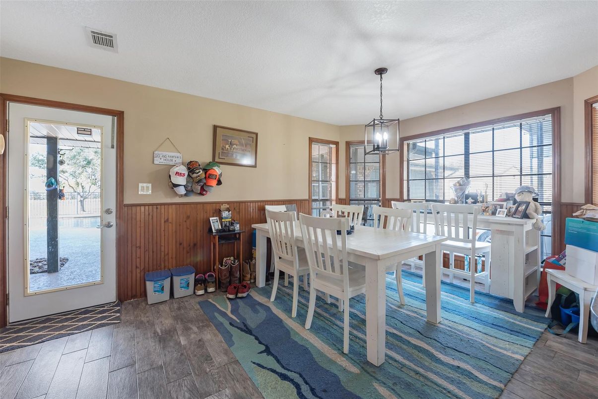 Dining room, Interior, Pendant Lights, Wood Texture Flooring