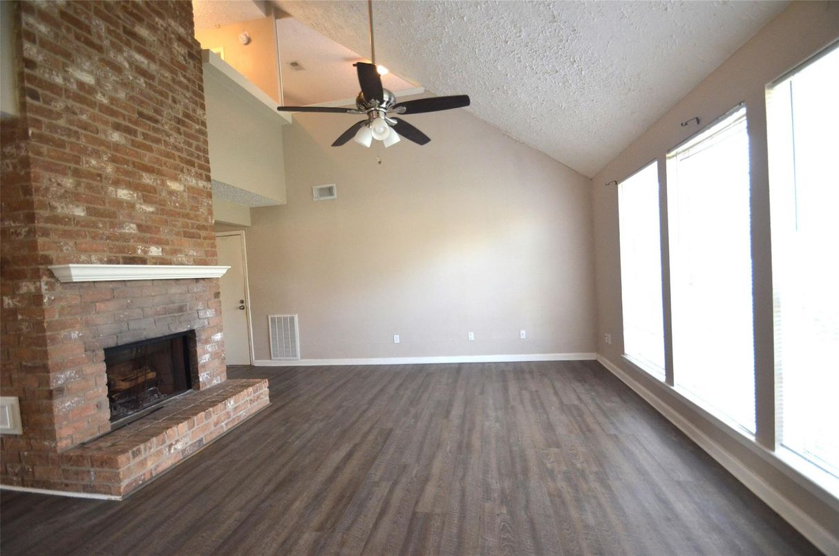 Empty room, Fireplace, Interior, Stone Walls, Wood Texture Flooring