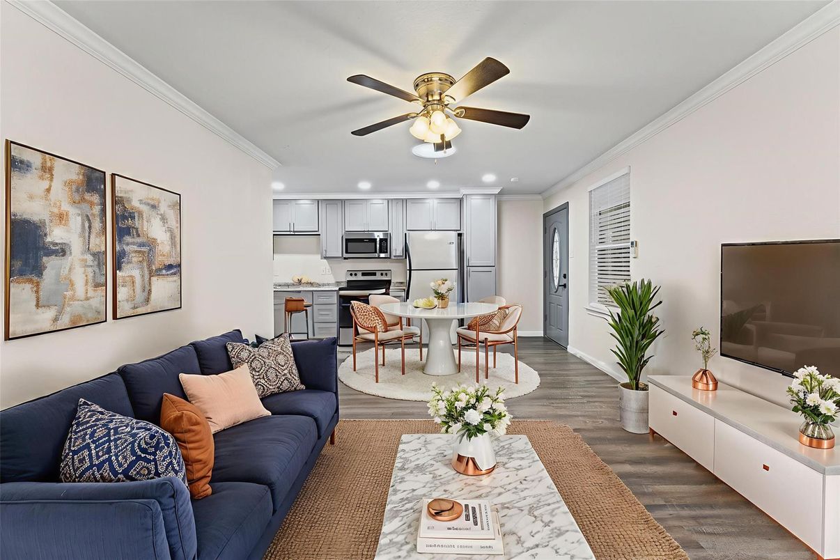 Dining room, Interior, Kitchen, Living room, Recessed Lighting, Stainless Steel Appliances, Wood Texture Flooring