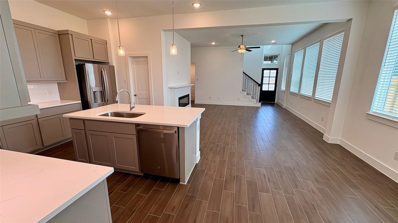 Interior, Kitchen, Pendant Lights, Recessed Lighting, Stainless Steel Appliances, Wood Texture Flooring