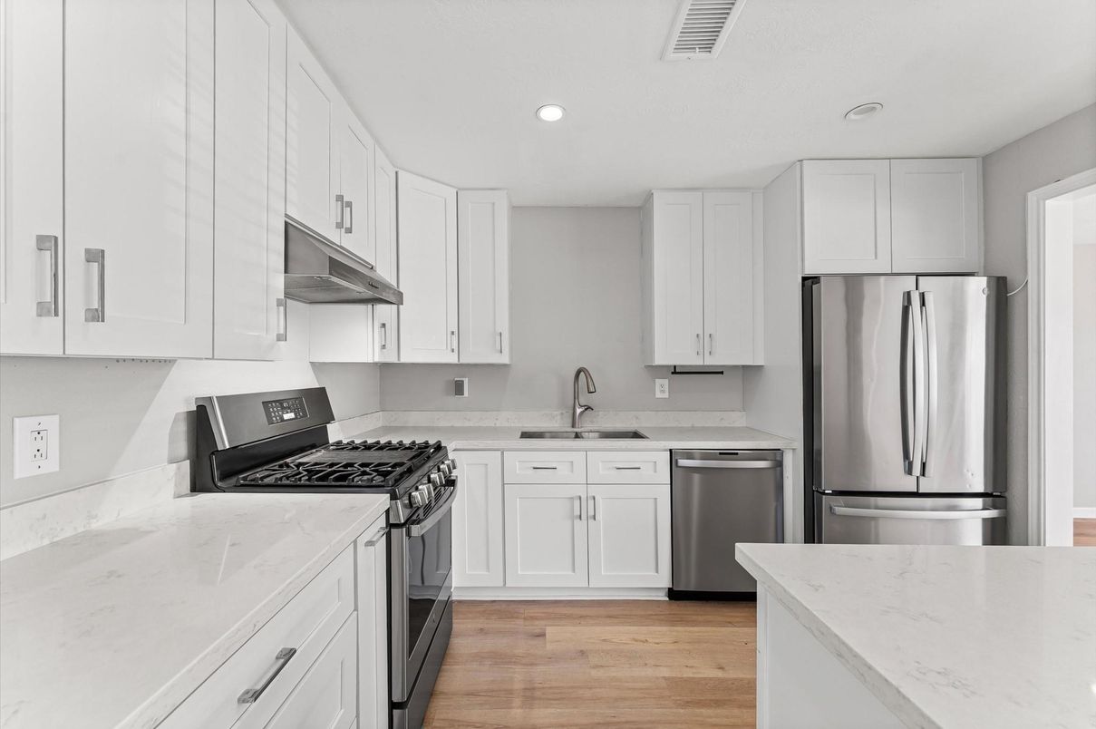 Interior, Kitchen, Recessed Lighting, Stainless Steel Appliances, Wood Texture Flooring