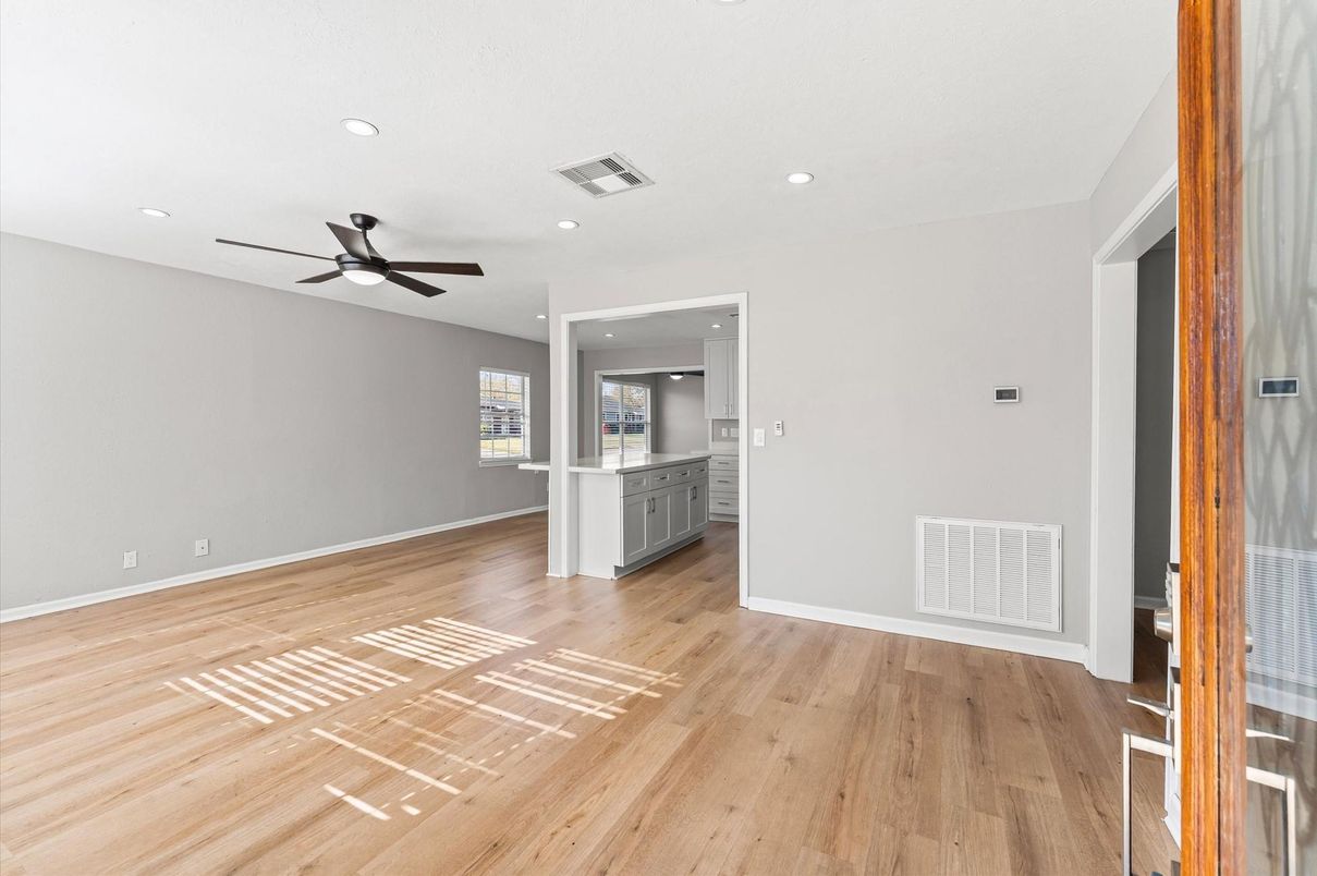 Empty room, Interior, Kitchen, Recessed Lighting, Wood Texture Flooring