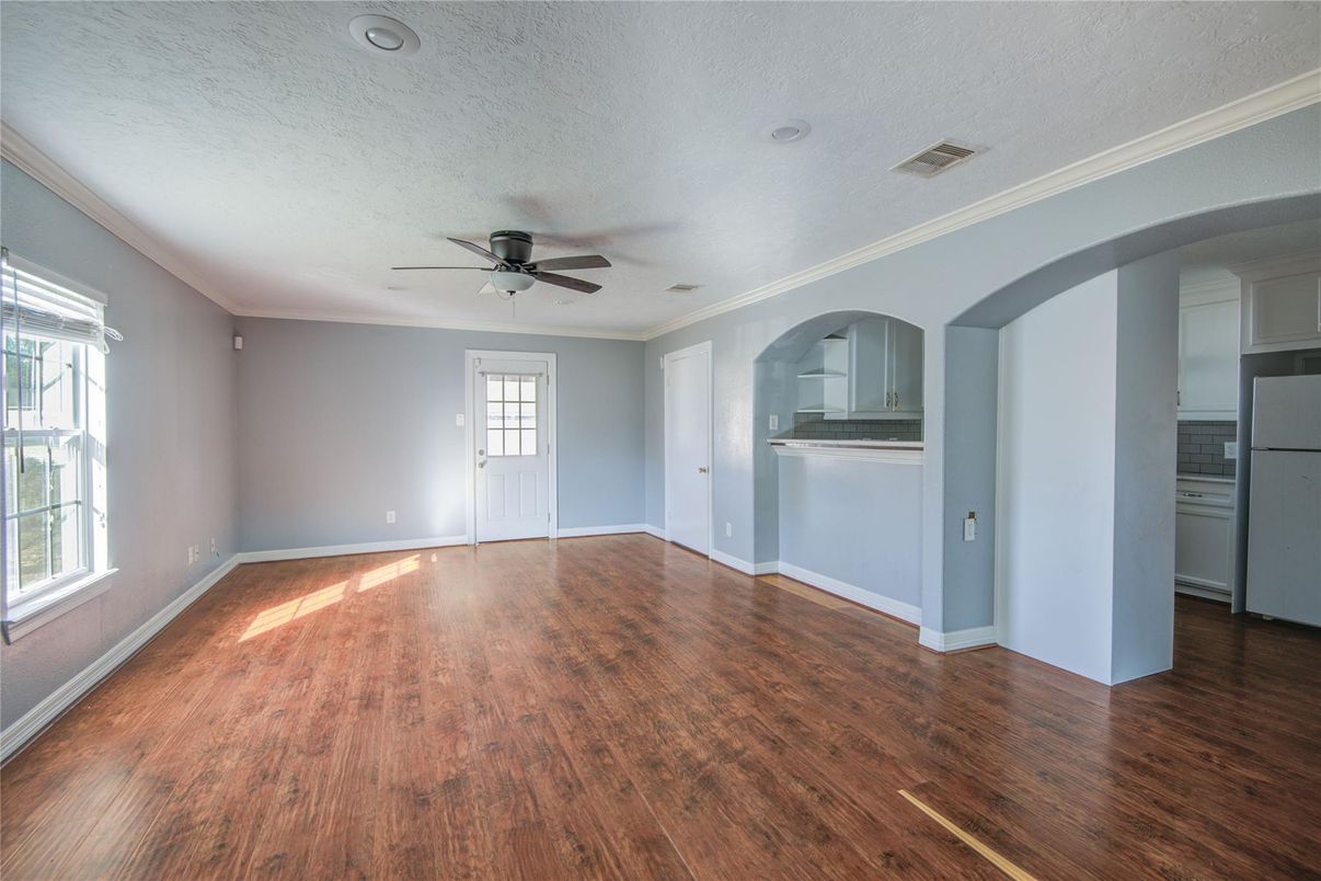 Empty room, Interior, Kitchen, Recessed Lighting, Wood Texture Flooring