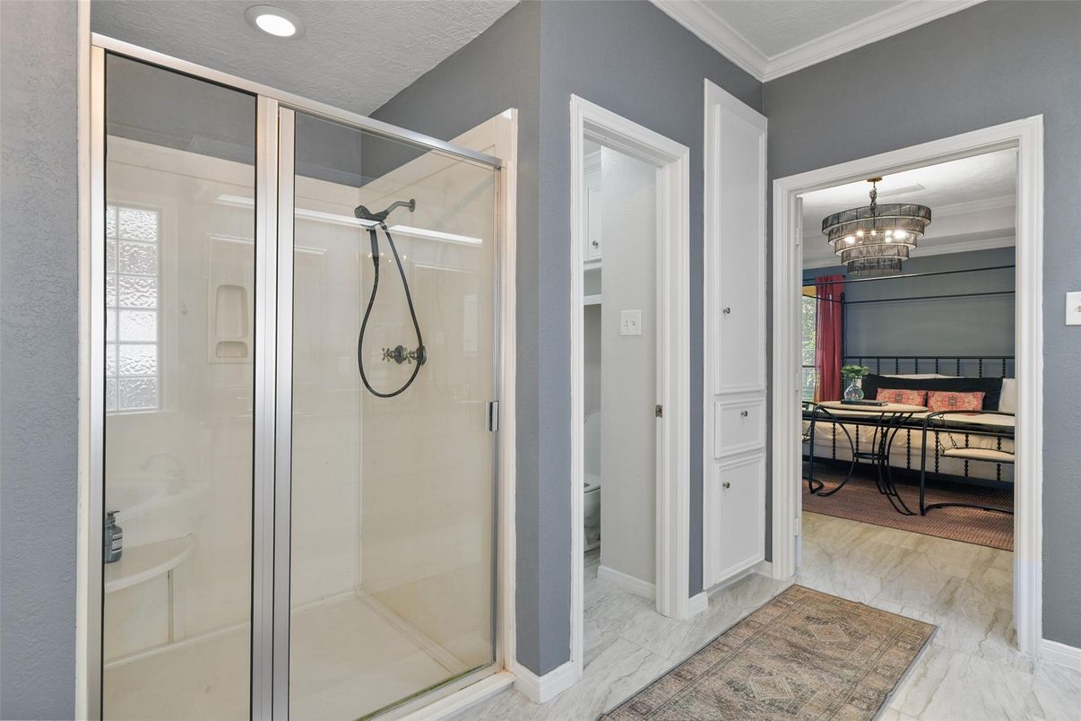 Bathroom, Chandelier, Glass Shower, Interior, Marble, Recessed Lighting, Wood Texture Flooring