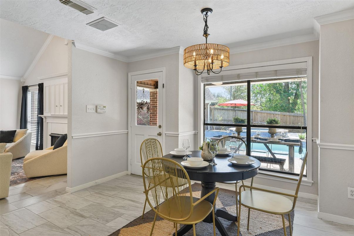 Chandelier, Dining room, Interior, Wood Texture Flooring