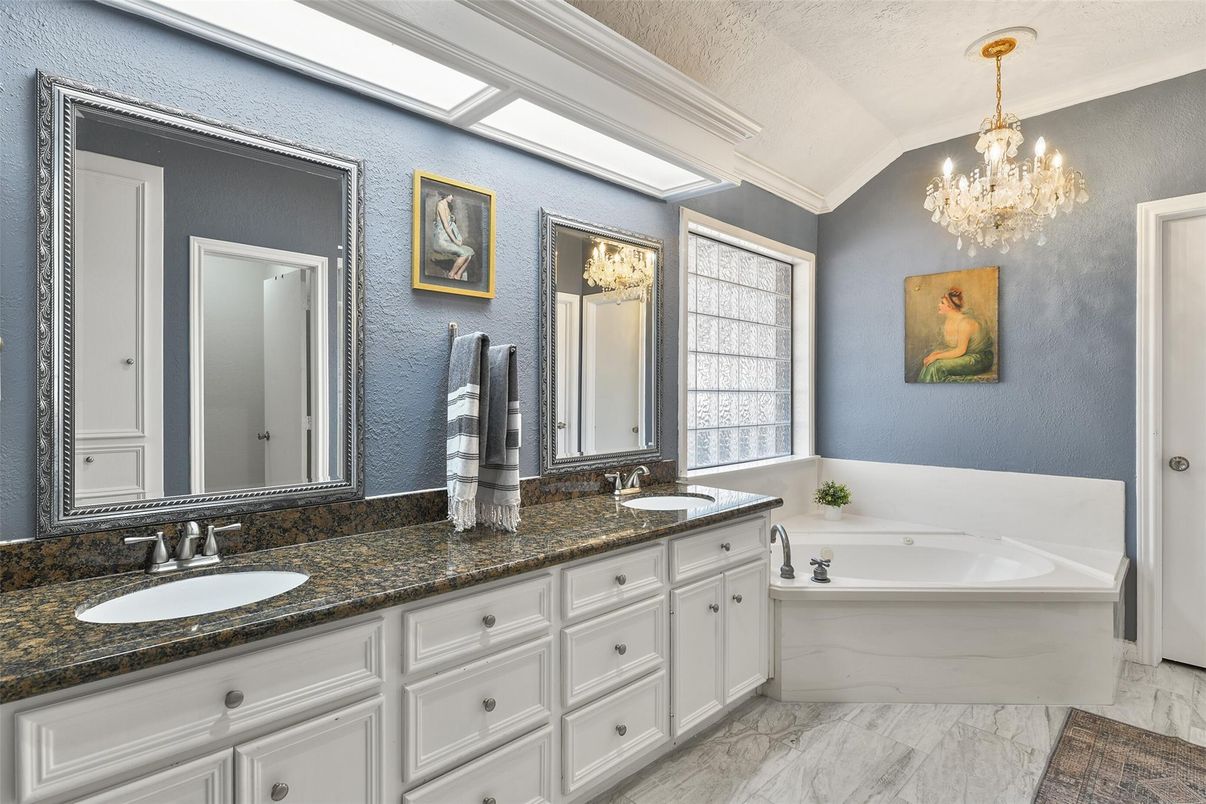Bathroom, Chandelier, Dual Sink Vanities, Interior, Marble