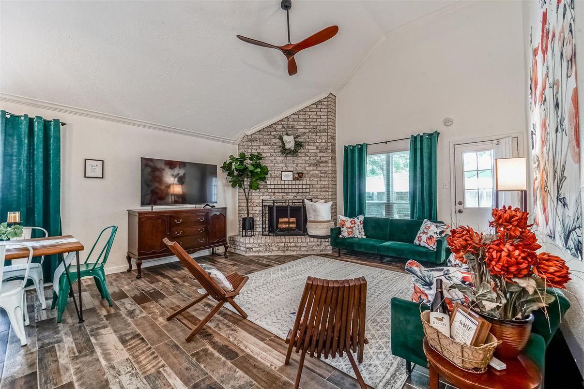 Dining room, Fireplace, Interior, Living room, Stone Walls, Wood Texture Flooring